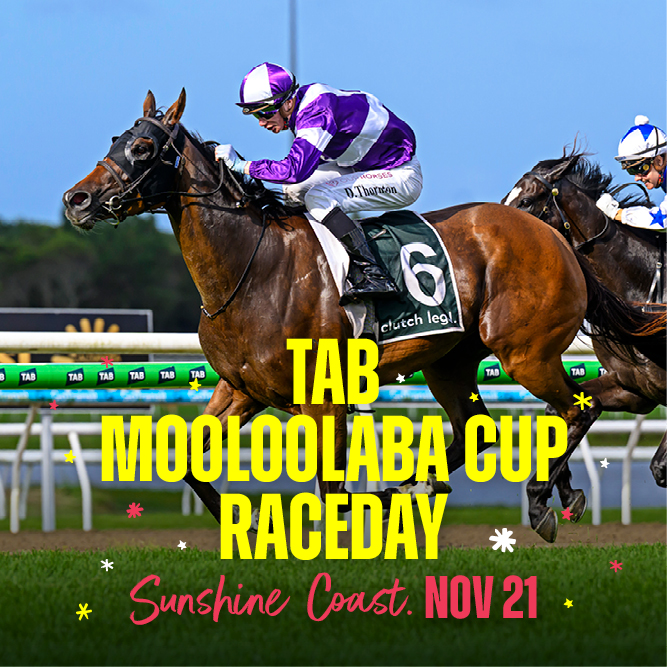 Jockey and horse racing at the TAB Mooloolaba Cup Raceday, Sunshine Coast Turf Club