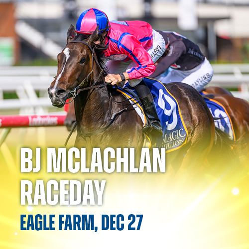 Promotional image for BJ McLachlan Raceday at Eagle Farm on December 27, featuring the horse Icarian Dream