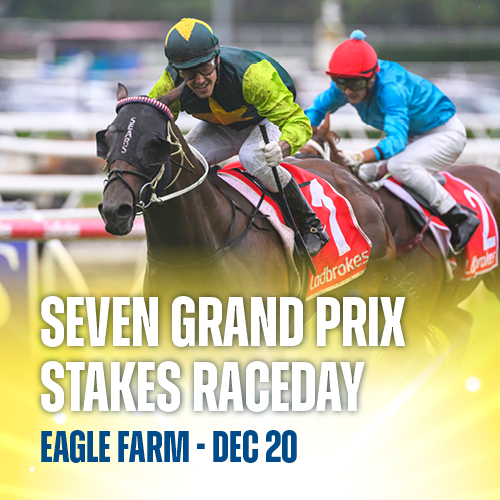 “Promotional image for Seven Grand Prix Stakes Raceday at Eagle Farm on December 20, featuring the horse Beau Dazzler