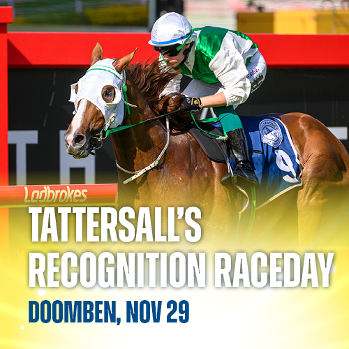 Promotional image for this year’s Tattersall’s Classic Raceday at Doomben on November 29, featuring last year’s winner, Oughton