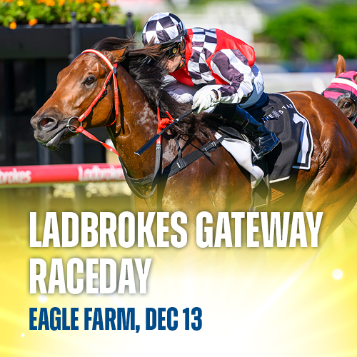 Promotional image for Ladbrokes Gateway Raceday at Eagle Farm on December 13, featuring the horse The Inflictor.