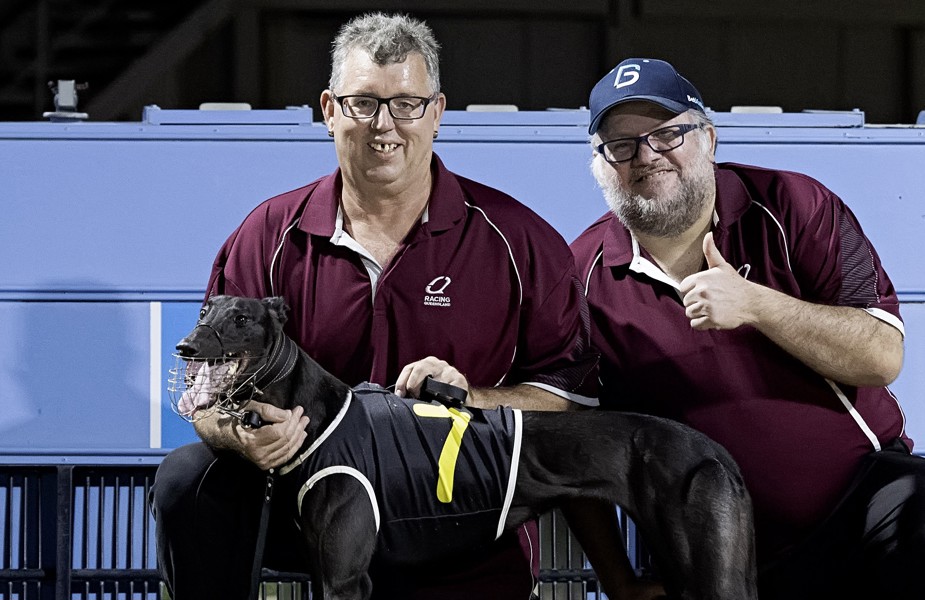 Trainer Danny Preh with owner Michael Pandelakis and Leomon Slice after a recent Townsville win